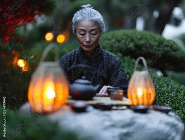 Fototapeta An elderly woman with gray hair sits calmly at a stone table adorned with tea sets, surrounded by glowing lanterns and lush greenery, exuding serenity and focus in a tranquil garden