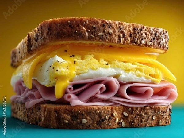 Fototapeta Ham and egg sandwich with melted cheese. It's layered with seed-studded whole grain bread. The sandwich has a yellow background contrasting with the teal surface