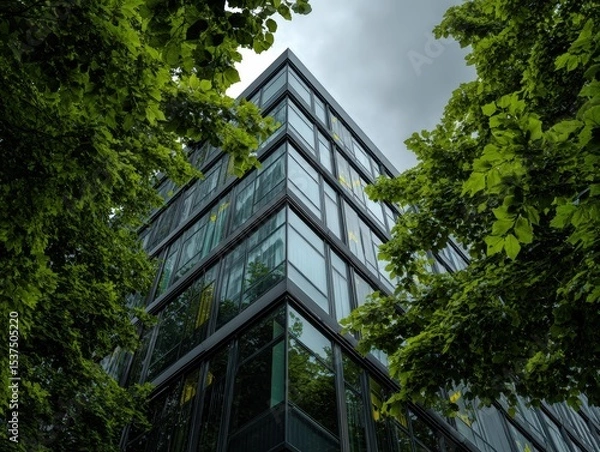 Fototapeta Modern glass building framed by vibrant green leaves, reflecting cloudy sky. The structure's angular design is emphasized by the contrast with the surrounding natural elements