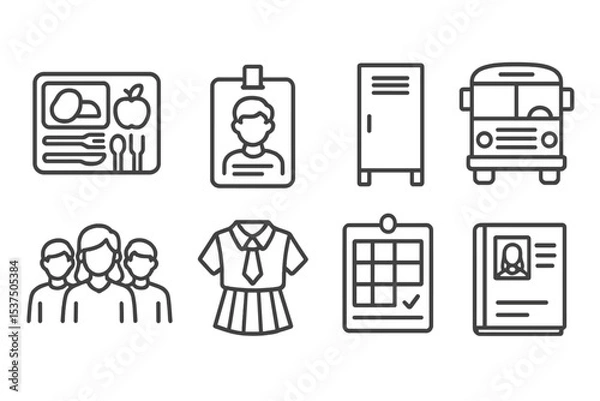 Fototapeta Student Life Icons. Line style icons of student life: school lunch, student ID, locker, bus ride. group photo, school uniform,