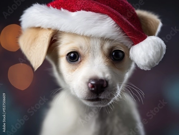 Fototapeta Cute puppy wearing a fuzzy red and white holiday hat looks into the camera with wide eyes, creating a festive and endearing scene perfect for seasonal greetings