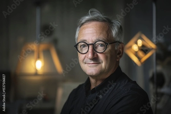 Fototapeta Middle-aged man with gray hair and black glasses gazing confidently, wearing a dark shirt. Warm ambient lighting from stylish lamps in the blurred background creates a cozy ambiance