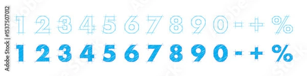 Obraz Blueprint font. Architectural typeface. Engineering sketch numbers. Technical drawing digits and symbols with construction lines and shading. Graphic vector illustration.