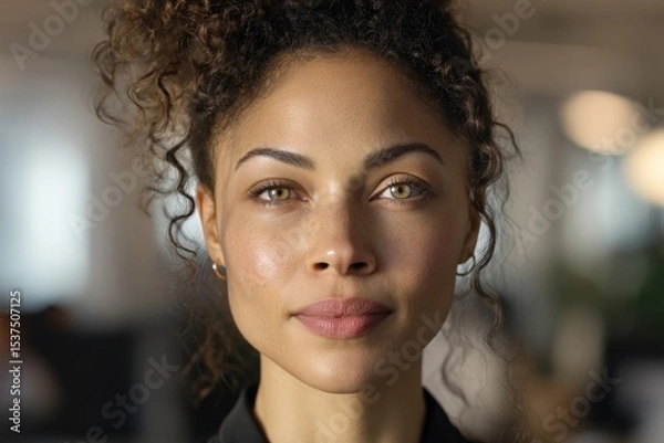 Fototapeta A woman with curly hair and hoop earrings looks directly at the camera with a neutral expression. Her skin appears glowing and smooth, with subtle makeup highlighting her features