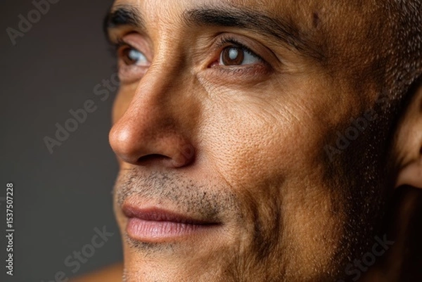 Fototapeta Close-up of a man's face with short hair and visible stubble. Focus on textured skin, deep eyes, and gentle expression. Subtle lighting enhances contours and details vividly