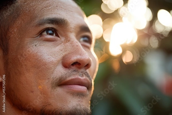 Fototapeta A thoughtful man gazes upward with sunlight filtering through the background, creating a serene atmosphere. His facial expression is contemplative, highlighted by soft natural light