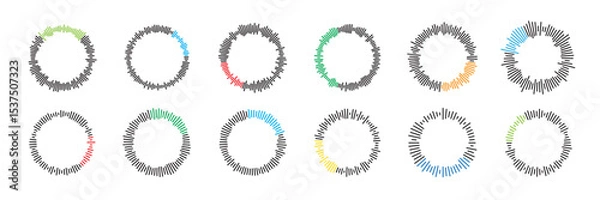 Obraz Circular sound waves set. Music waveforms. Radial audio waves. Round equalizer shapes. Geometric line pattern. Abstract vector illustration.