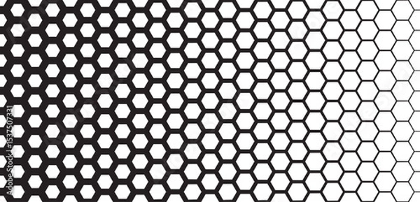 Obraz Hexagonal grid pattern with gradient line thickness. Black and white geometric honeycomb design transitioning from bold to thin outlines. Abstract vector illustration.