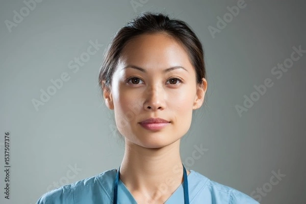 Fototapeta Young woman with tied-back hair wearing blue medical scrubs, looking confidently at the camera. No text appears in the image. She exhibits a calm and professional demeanor
