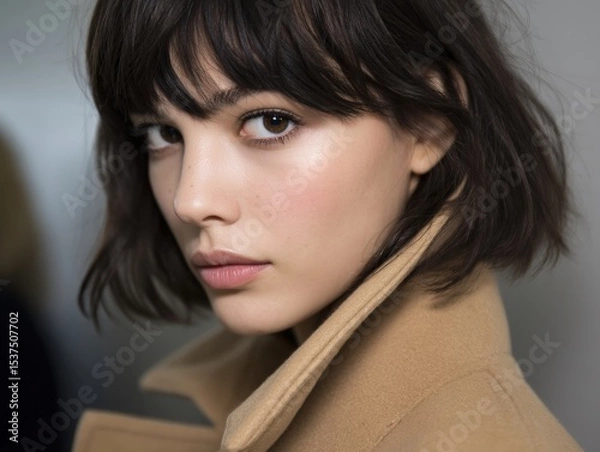 Fototapeta Young woman with short, dark brown hair and bangs stylishly gazes sideways wearing a beige coat with a high collar visible. Her complexion is smooth, with subtle makeup highlighting features