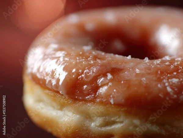 Obraz Close-up of a glazed donut with a shiny, sugary coating, highlighting its texture and circular shape. Few granules of sugar are visible on the glaze, adding a touch of sparkle