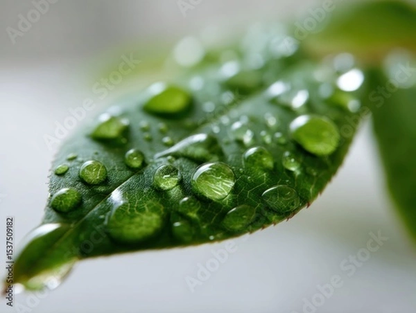 Fototapeta Green leaf with numerous water droplets glistening on its surface, creating a fresh and vibrant look. The leaf is sharply focused, with a soft, blurred background enhancing the detail