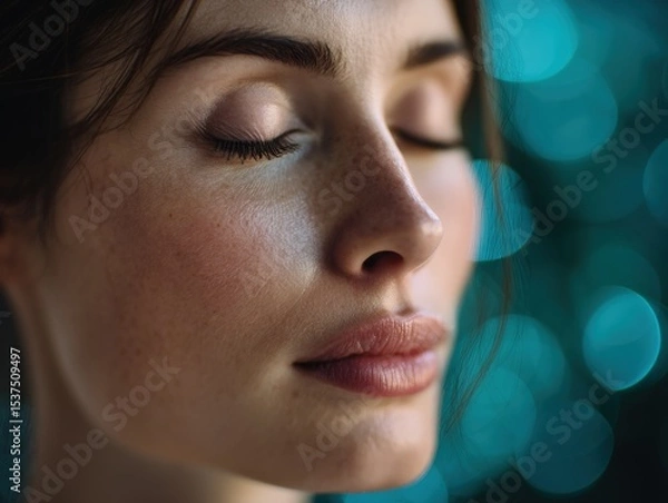 Fototapeta Serene close-up of a woman with freckles and closed eyes, highlighting her smooth skin and natural beauty. The blurred background of teal bokeh lights adds a dreamy effect