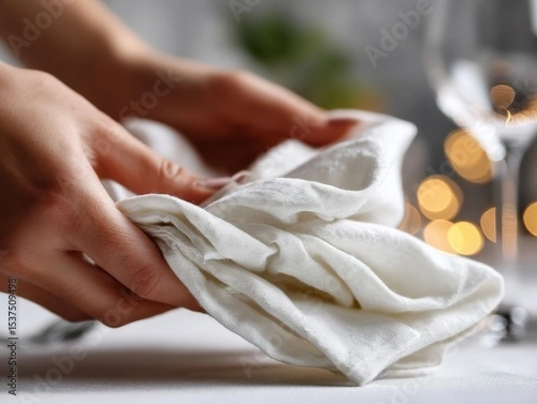 Fototapeta Hands gently fold a crisp white cloth napkin, capturing an elegant dining setting with soft bokeh lights in the background and a partially visible wine glass on the table