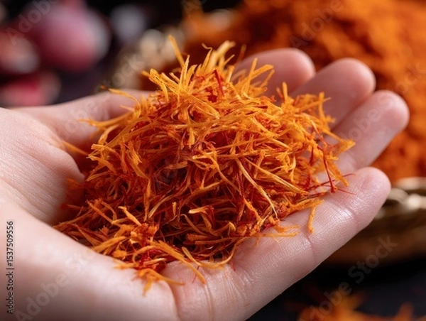 Fototapeta A hand holds vibrant orange-red strands with a blurred background of similar material. The strands are fine and delicate, suggesting they are a spice or herb for culinary use