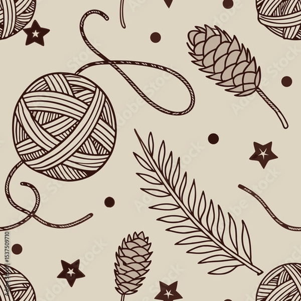 Fototapeta Crafting inspiration with yarn, pine cones, and foliage patterns on a neutral background in a cozy creative space Generative AI