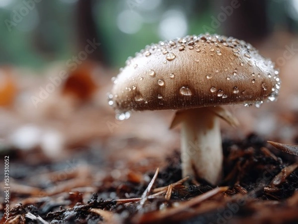 Fototapeta Mushroom with water droplets on its cap growing in forest setting, surrounded by brown soil and blurred green and brown background elements, creating a serene natural atmosphere