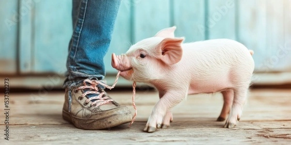 Obraz An adorable little piglet joyfully playing with a shoe in a sunny outdoor setting