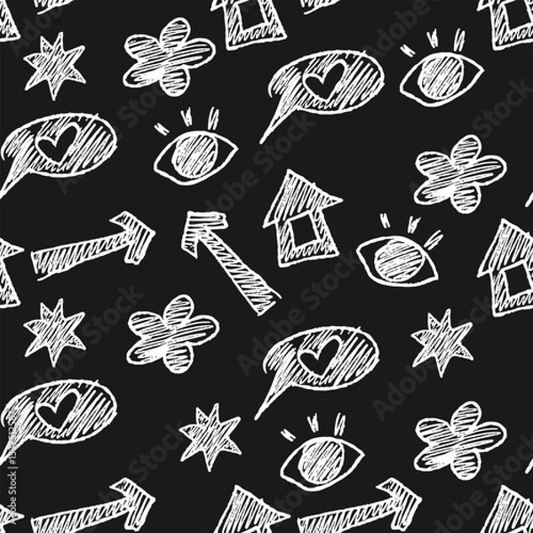 Fototapeta Seamless monochrome pattern with randomly placed white handwritten scribbles on black background. Vector illustration