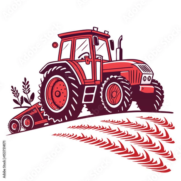 Obraz Red tractor on the work field.