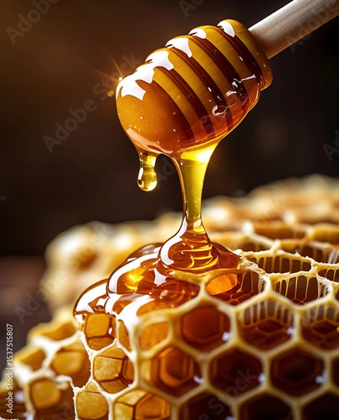 Fototapeta Honey dripping from a dipper onto honeycomb in warm, golden light.