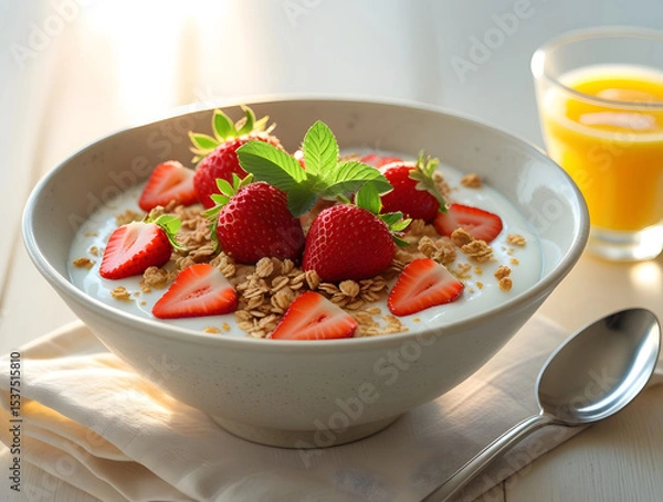 Fototapeta Breakfast bowl filled with creamy strawberry yogurt topped with whole ripe strawberries, a sprinkle of granola