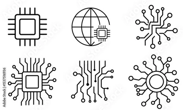 Obraz テクノロジーとデジタル回路を象徴する6種の抽象的な黒白アイコンセット