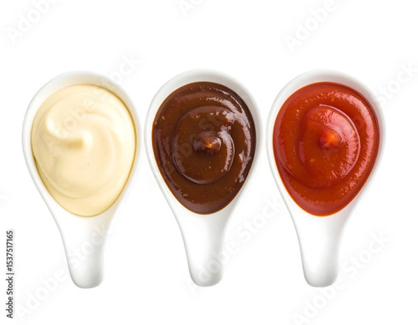 Fototapeta tomato ketchup and mustard Elegant Condiment Spoons with Transparent and White Background - Mayo, BBQ, Ketchup Cutout