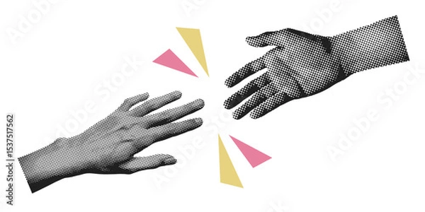 Fototapeta Halftone hands reaching out to each other. Trendy Modern retro art collage element. Cutout grainy clipping shapes, helping hand concept.