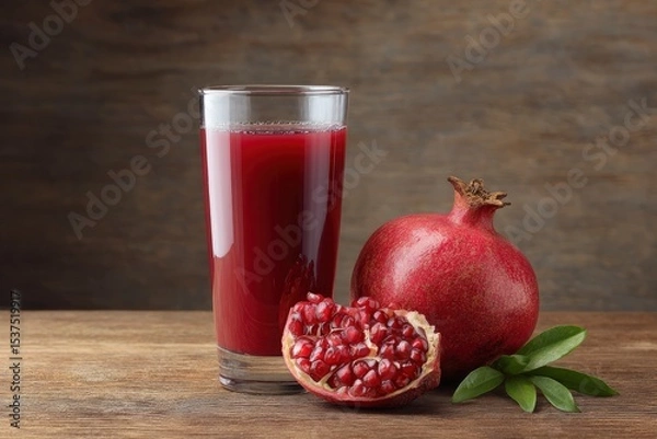 Fototapeta Pomegranate juice Glass with juice alongside fruit on a wooden surface against a rustic backdrop