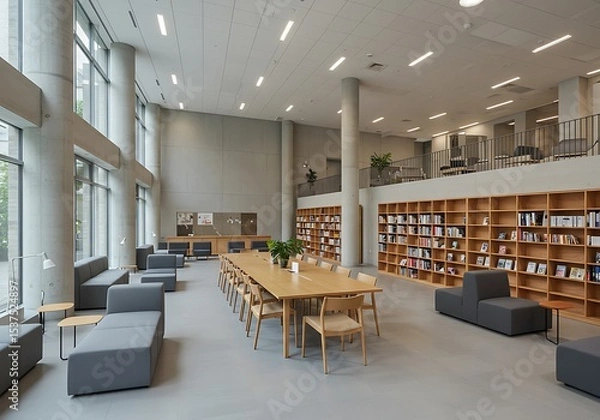 Fototapeta Modern library interior design with bookshelves tables chairs and comfortable seating areas for study and reading