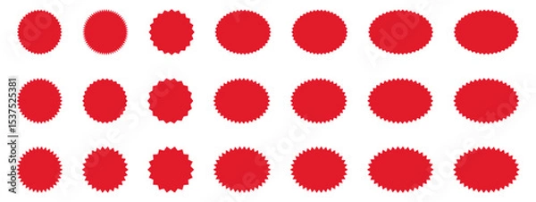 Fototapeta Starburst red sticker set - collection of special offer sale round and oval sunburst labels and buttons. Stickers and badges with star edges for promo advertising.