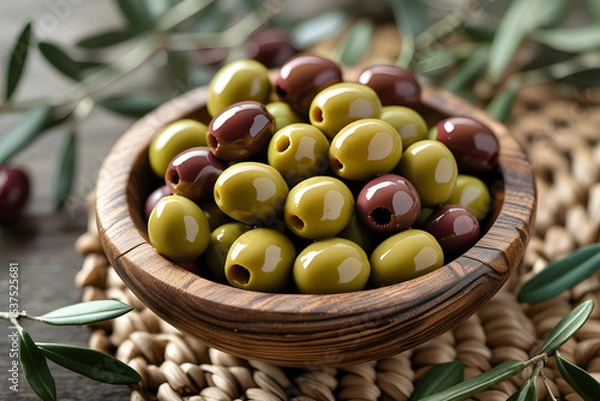 Fototapeta A wooden bowl filled with shiny green and brown olives, styled with olive leaves.