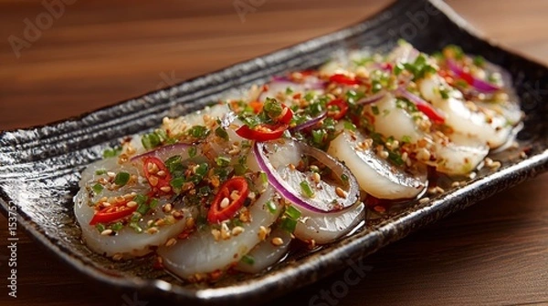Fototapeta Jellyfish sliced ​​and marinated with specials presented on a ceramic plate in an upscale restaurant.