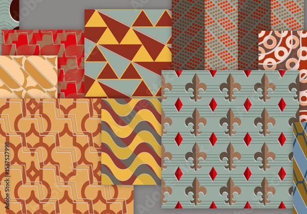 Obraz Seamless Pattern Set with Geometric Shapes and 3D Shadow Effect Muted Colors