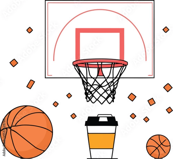 Fototapeta A basketball and hoop with net and backboard on a white background, ready for game play