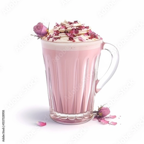 Obraz A delicate rose latte with a subtle pink hue and rose petals on top, isolated white background, hyper-realism art style