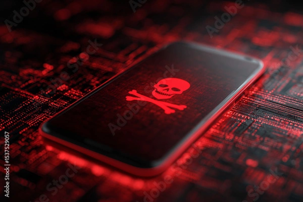 Fototapeta Smartphone with skull symbol displaying malware warning