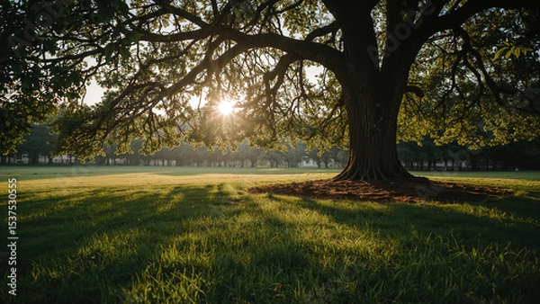 Fototapeta Large tree with sprawling branches in a sunlit park during sunrise, casting long shadows on the grass