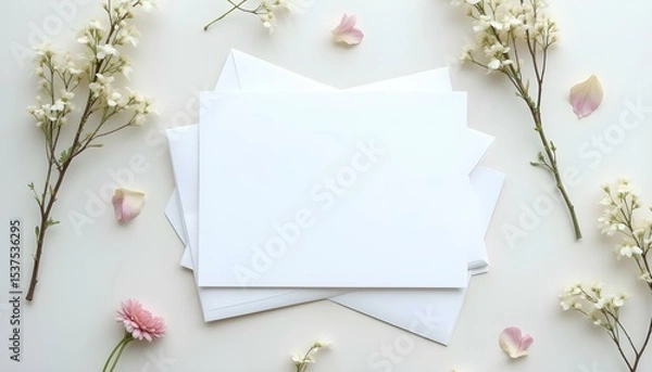 Fototapeta Papel branco em composição delicada com flores brancas. Ideal para convites, branding ou papéis personalizados.