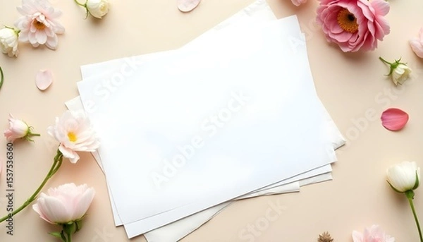 Fototapeta Mockup com folhas em branco e flores decorativas sobre mesa clara. Composição suave para design, convite ou papelaria criativa.