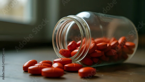 Fototapeta What diseases is this medicine for: An open glass bottle without any markings, with large red tablets spilling out of it