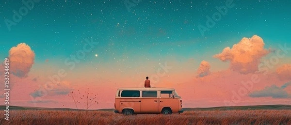 Fototapeta Lonely Person on Van Under Starry Sky with Soft Dreamy Colors