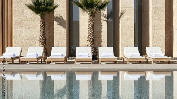 Fototapeta Poolside area of beach resort with towels on recliners, palm reflections in water