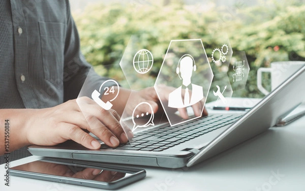 Fototapeta Technical support customer service concept. Client service with technical support, assistance in business technology, contact interface online information network, consulting innovation workspace.