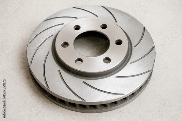 Fototapeta Cross drilled ventilated brake disc rotor lying on a gray surface