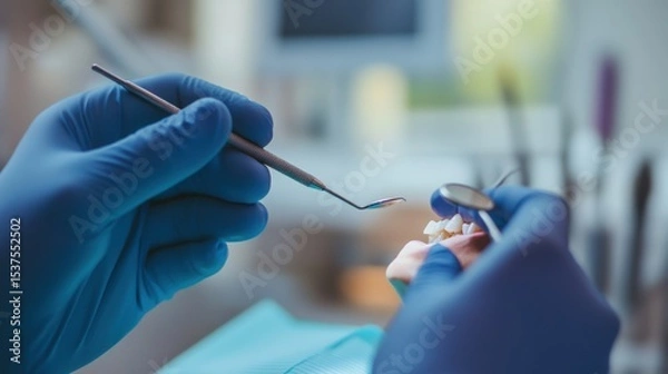 Fototapeta A dentist examining a patient's teeth in a modern dental clinic, with dental instruments and a chair in the background, macro shot