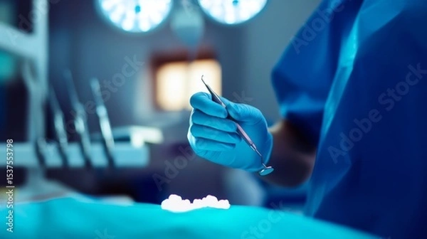 Obraz A dentist examining a patient’s teeth in a modern dental clinic with bright, clean surfaces, Clinical style