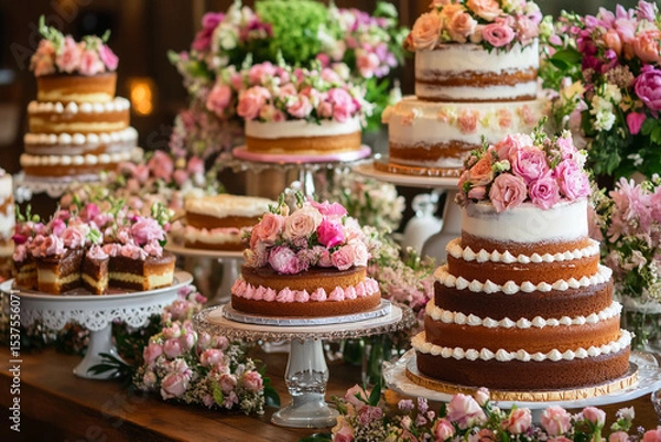Fototapeta Elegant display of various cakes adorned with fresh flowers at a festive celebration in a charming venue