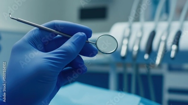 Fototapeta A dentist examining a patient's teeth with a dental mirror in a modern dental clinic, with dental chair and equipment in the background, macro shot